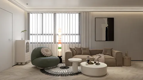 cozy living room design featuring a green armchair and beige sofa with a modern lamp and coffee tables in a minimalist style, showcasing smart furniture arrangement using Homestyler for space optimization.