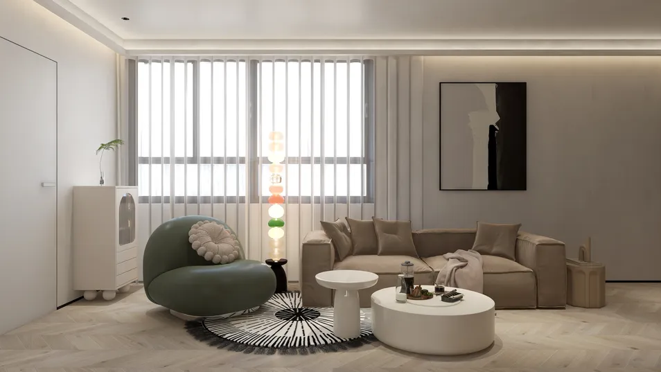 cozy living room design featuring a green armchair and beige sofa with a modern lamp and coffee tables in a minimalist style, showcasing smart furniture arrangement using Homestyler for space optimization.