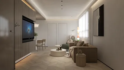 Living room interior design featuring contemporary furniture arrangement in a modern style, showcasing Homestyler's real-time 3D rendering for an immersive layout preview.