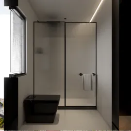 modern bathroom design featuring a sleek glass shower enclosure and minimalist decor, showcasing interior decor elements with a focus on efficient space utilization using Homestyler's real-time 3D rendering feature.