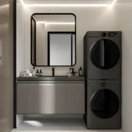 modern bathroom with integrated laundry appliances, featuring a sleek countertop and stylish mirror, showcasing interior decor that maximizes space efficiency using Homestyler's real-time 3D rendering.