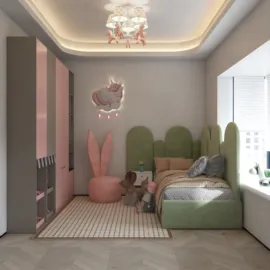 A cozy children's bedroom featuring playful decor and a soft color palette, showcasing smart furniture arrangement for small spaces, utilizing Homestyler's real-time 3D rendering feature.