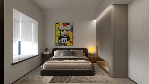 modern bedroom design featuring a contemporary bed setup with decorative artwork, optimized for small space utilization utilizing Homestyler's smart furniture arrangement feature.