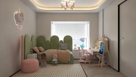 children's bedroom with a playful green headboard and pink furniture, designed for comfort and creativity, featuring Homestyler's real-time 3D rendering for a visual preview.