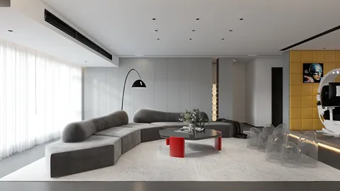 modern living room featuring a curved gray sofa and a round coffee table, styled for elegance and comfort; utilizing Homestyler's real-time 3D rendering feature to showcase interior design.