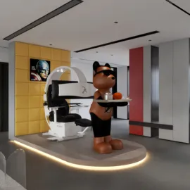 A modern office space featuring a unique bear sculpture holding a tray, designed with a contemporary aesthetic, showcasing a creative workspace interior. Utilizes Homestyler's real-time 3D rendering feature for a detailed design preview.