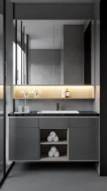 modern bathroom vanity design featuring a sleek sink and organized towel storage, emphasizing contemporary appeal, utilizing Homestyler's real-time 3D rendering for an accurate visualization.