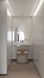 narrow hallway featuring a sleek vanity with a circular mirror and stylish stool, designed for a modern minimalist aesthetic, ideal for maximizing space in small interiors using Homestyler's real-time 3D rendering feature.
