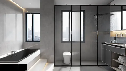 modern bathroom design featuring a sleek black bathtub and glass shower enclosure, utilizing Homestyler's real-time 3D rendering for an elegant and spacious interior decor aesthetic.