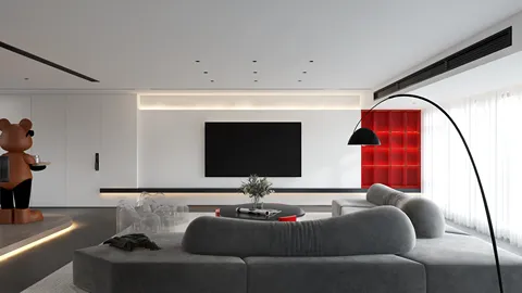 modern living room with curved sofa and minimalist decor featuring a warm lighting design for space optimization utilizing Homestyler's real-time 3D rendering feature.