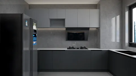 modern kitchen design featuring sleek cabinetry and stainless steel appliances, showcasing a minimalist style with a focus on functionality, utilizing Homestyler's real-time 3D rendering for a realistic visual preview.