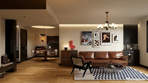 modern living room with stylish leather sofa showcasing warm lighting and contemporary artwork, featuring a cozy interior design and utilizing Homestyler's real-time 3D rendering for a quick and realistic preview.