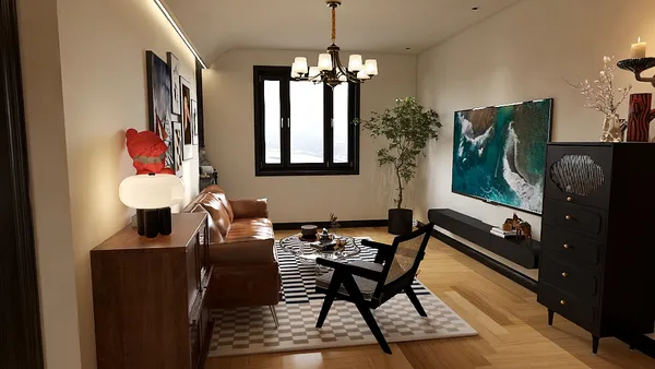 A modern living room featuring a stylish leather sofa and elegant wooden furniture, designed for cozy family gatherings, utilizes Homestyler's real-time 3D rendering for quick visualization.