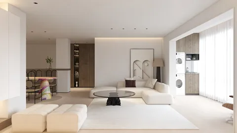 A modern living room featuring a spacious layout, showcasing a cozy white sectional sofa and a circular glass coffee table, designed for optimal comfort; interior decor focused on contemporary aesthetics. Utilizes Homestyler's real-time 3D rendering feature.