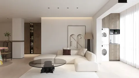 modern living room with a cozy sectional sofa and round coffee table showcasing minimalist design, featuring a spacious layout that enhances interior decor efficiency utilizing Homestyler's real-time 3D rendering feature.