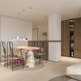 A colorful dining table with artistic design paired with black chairs in a modern minimalist dining area, showcasing avant-garde interior decor. The scene highlights Homestyler's real-time 3D rendering feature for design proposal visualization.