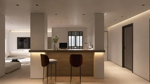 Modern kitchen with sleek bar stools designed in minimalist style featuring smart furniture arrangement for optimizing small spaces using Homestyler's real-time 3D rendering functionality.