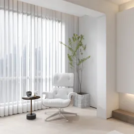 Modern white armchair with a side table in a bright living space featuring large windows, showcasing minimalist design aesthetics and incorporating Homestyler's real-time 3D rendering for interior decor visualization.