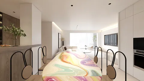 modern kitchen interior featuring a colorful marbled table set in an open-plan space, showcasing smart furniture arrangement for optimized small apartment living, utilizing Homestyler's real-time 3D rendering feature.