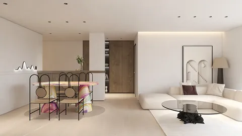 modern open-plan living room with colorful dining table design featuring an artistic touch and minimalist style, showcasing the interior decor in Homestyler's smart furniture arrangement feature.