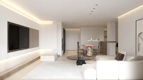 modern living room furniture arrangement featuring a sleek sofa and a round coffee table in a minimalist style, showcasing a spacious interior design with homestyler's real-time 3D rendering feature.