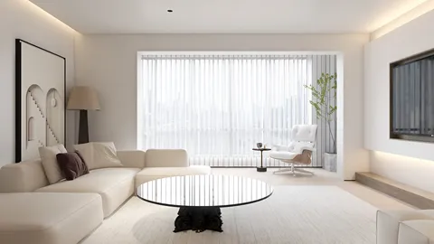 Modern living room design featuring a minimalist sectional sofa and glass coffee table, designed for optimal space utilization with smart furniture arrangement using Homestyler's real-time 3D rendering feature.