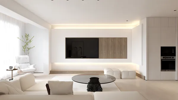 modern living room with minimalist design featuring a glass coffee table and white sofa, showcasing smart furniture arrangement for space optimization using Homestyler's real-time 3D rendering feature.