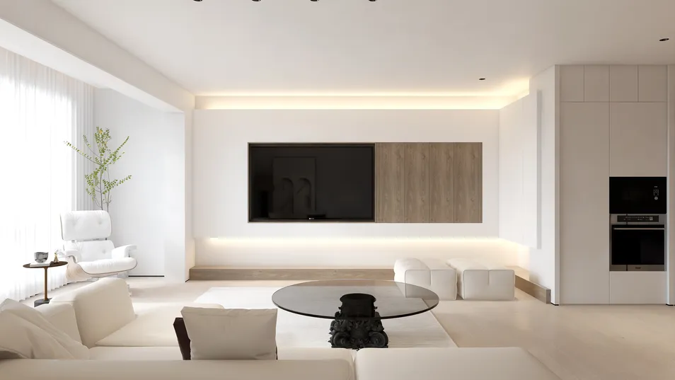 modern living room with minimalist design featuring a glass coffee table and white sofa, showcasing smart furniture arrangement for space optimization using Homestyler's real-time 3D rendering feature.