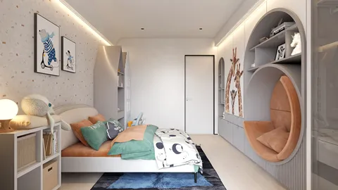 cozy children's bedroom design featuring a playful layout and soft colors, enhancing space utilization with Homestyler's real-time 3D rendering for accurate design previews.