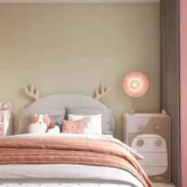 cozy bedroom design featuring playful animal-themed decor with a soft color palette, showcasing interior decor elements; using Homestyler's real-time 3D rendering feature for quick visualization.