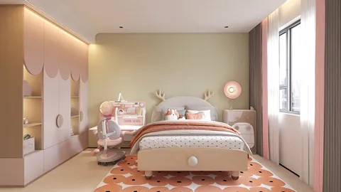 cozy children's bedroom design featuring playful furniture arrangement and soft color palette, optimizing space using Homestyler's real-time 3D rendering feature.
