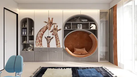 Playful giraffe-themed wall art decorates a modern children's room, featuring intelligent furniture arrangement for optimal space utilization. This interior design showcases Homestyler's real-time 3D rendering capability for quick visualization.