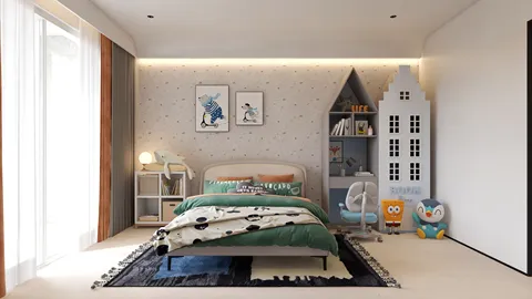 Cozy children's bedroom designed with playful furniture arrangement in a modern style, showcasing a multi-functional space optimized for comfort and creativity using Homestyler's smart furniture layout feature.