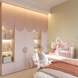 modern children's bedroom design featuring minimalist pink cabinetry and a cozy bed with decorative pillows, utilizing Homestyler's real-time 3D rendering for effective space visualization.
