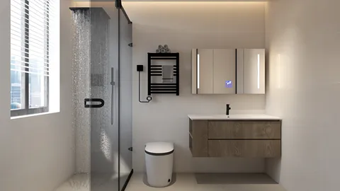 modern bathroom design featuring a glass shower enclosure and minimalist wooden vanity with a stylish mirror, showcasing a contemporary aesthetic and space-saving layout using Homestyler's real-time 3D rendering feature.