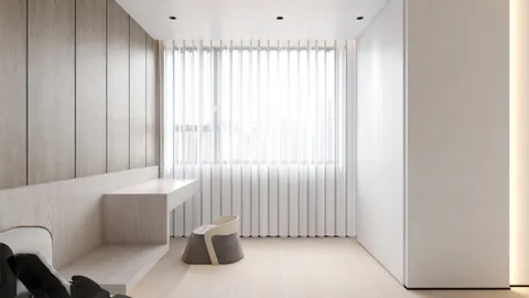 Minimalistic interior space featuring a sleek wooden wall with a built-in bench and a workspace, designed with a contemporary aesthetic for optimized functionality, utilizing Homestyler's real-time 3D rendering for accurate design visualization.