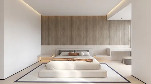 modern bedroom design featuring a spacious layout with a minimalist aesthetic, enhanced by a soft color palette and warm lighting, using Homestyler's real-time 3D rendering feature for accurate visual previews.
