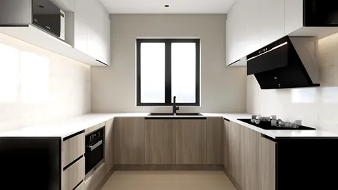 modern kitchen design with sleek cabinetry and minimalist style featuring a sink and black appliances, optimized for space efficiency using Homestyler's real-time 3D rendering feature.