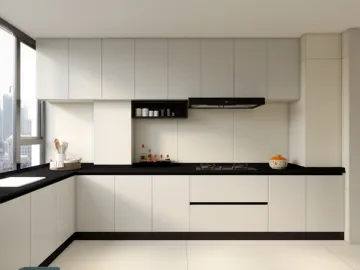 Modern kitchen design featuring a sleek layout with minimalistic cabinetry and black countertops, showcasing an elegant interior decor style for efficient space utilization, powered by Homestyler's real-time 3D rendering feature.