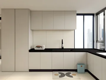 modern kitchen layout featuring sleek cabinets and a black countertop with a sink, enhancing space efficiency through smart interior design, utilizing Homestyler's real-time 3D rendering feature.