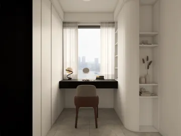 modern workspace featuring a sleek desk, minimalistic design, and urban view, optimized for interior decor with Homestyler's real-time 3D rendering functionality.