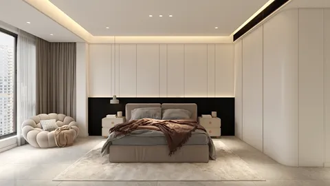 modern bedroom design incorporating smart furniture arrangement for space optimization, featuring a soft color palette and minimalist style, showcasing the real-time 3D rendering capability of Homestyler