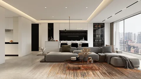 modern living room showcasing an open-plan design with a minimalist style, featuring a cozy arrangement of furniture and a large window view; includes a long-tail keyword 'contemporary interior design' and highlights Homestyler's real-time 3D rendering feature.