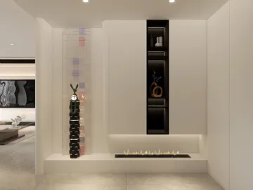 Modern indoor fireplace design with sleek wall cabinetry, showcasing decorative items in a minimalist style, enhancing the aesthetic value of the living room, featuring Homestyler's real-time 3D rendering capability.