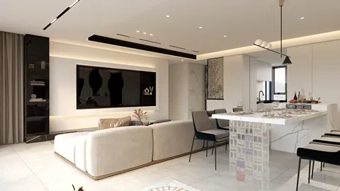 modern living room featuring spacious layout and contemporary furniture arrangement, showcasing interior design optimization with Homestyler's real-time 3D rendering capabilities.