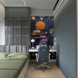 A modern bedroom featuring a space-themed accent wall, showcasing planets and stars, designed with a focus on relaxation and creativity, utilizing Homestyler's real-time 3D rendering for a realistic preview.