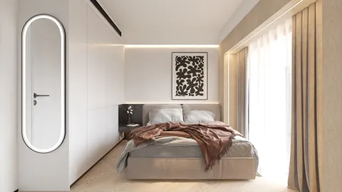 modern bedroom featuring a cozy bed design with soft textiles and a minimalist aesthetic, showcasing advanced 3D rendering capabilities of Homestyler for detailed preview.