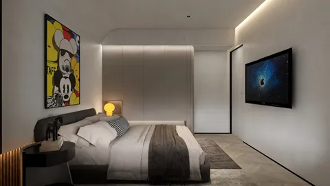 modern bedroom design featuring an artistic wall painting, showcasing a minimalist style with a focus on comfort and aesthetics, utilizing Homestyler's real-time 3D rendering for design proposal visualization.