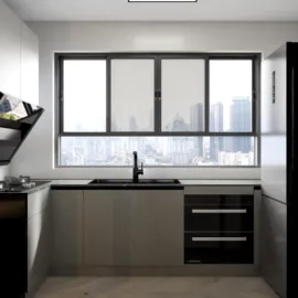 modern kitchen with sleek cabinetry and a city view, featuring real-time 3D rendering for accurate design previews, utilizing Homestyler's core functionality for interior design visualization