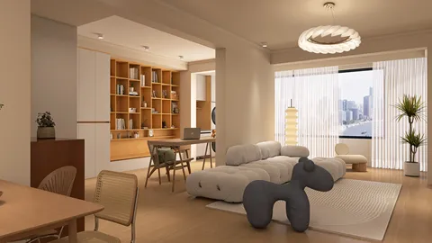 Contemporary living room featuring a sectional sofa, designed to create an open space feel with a minimalist style, illustrating interior decor optimization using Homestyler's real-time 3D rendering functionality.